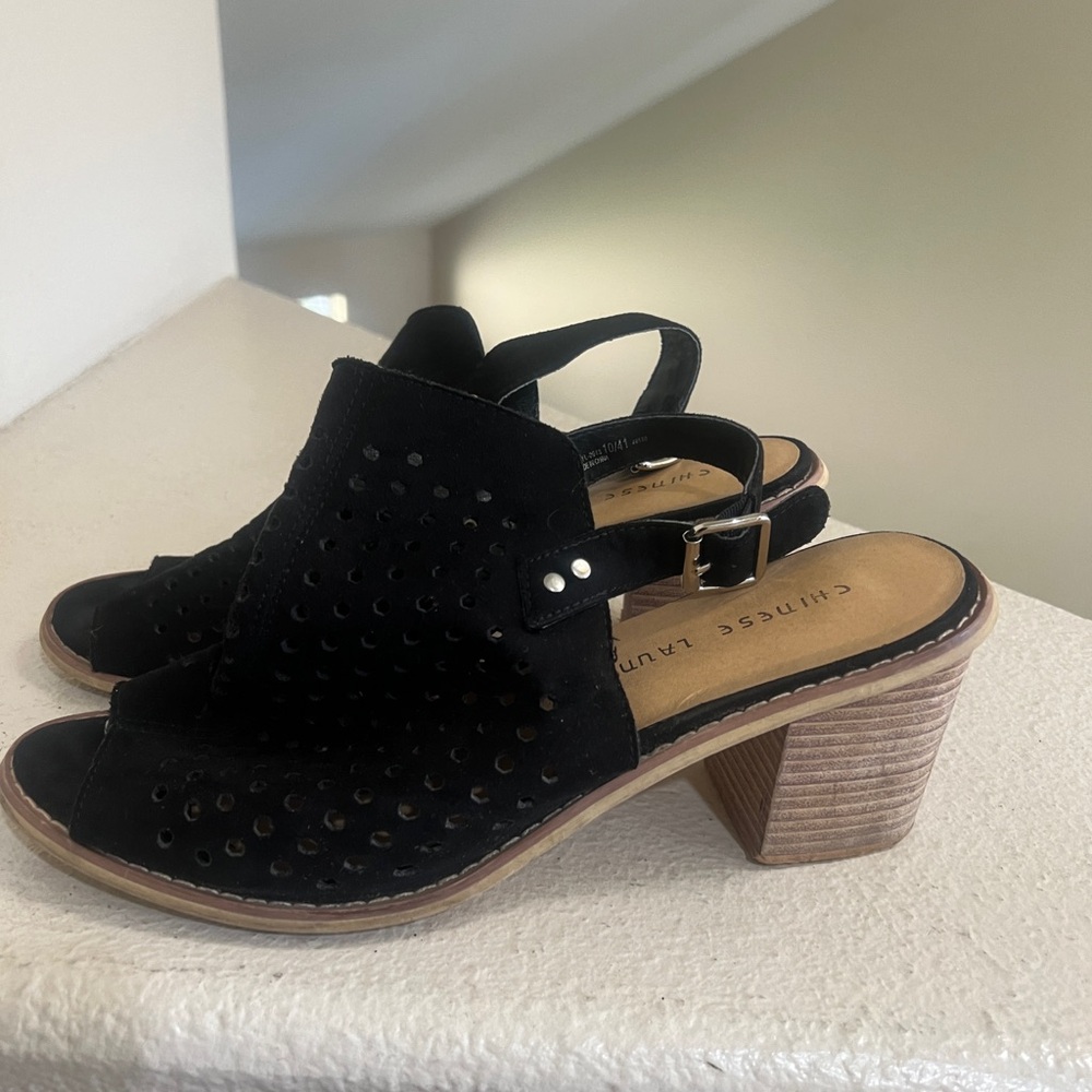Chinese Laundry Black Carnival Open Toe Ankle Booties Perforated Suede‎ size 10